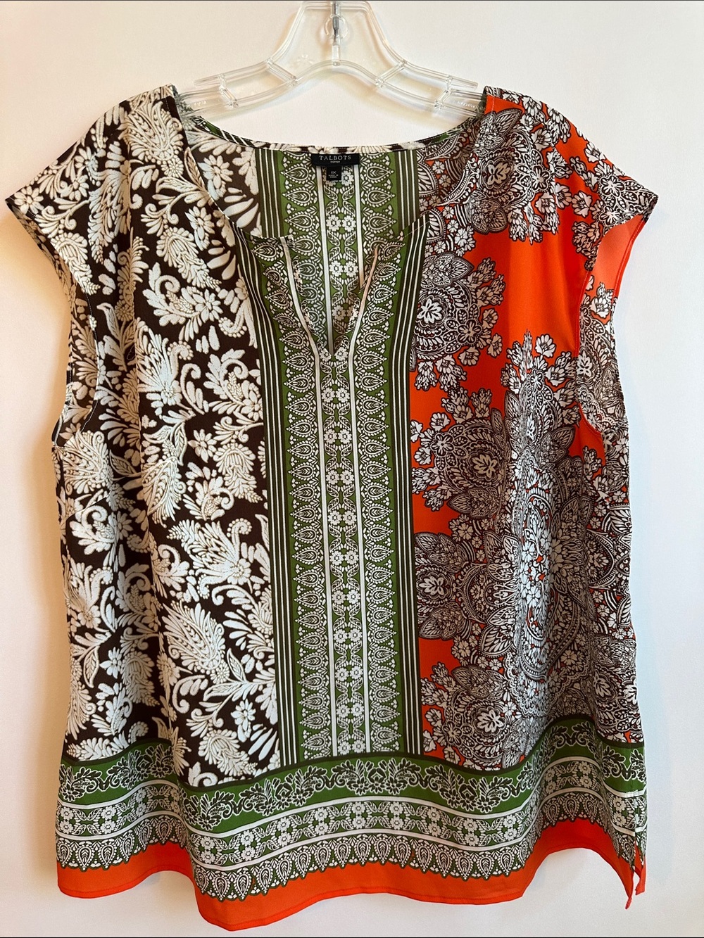 Talbots Orange, Green, Brown & Cream Mixed Floral Print Blouse Size 1X